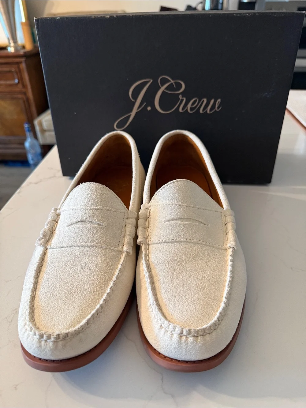 J. Crew Men’s Cream Suede Penny Loafers with Tan Outsole